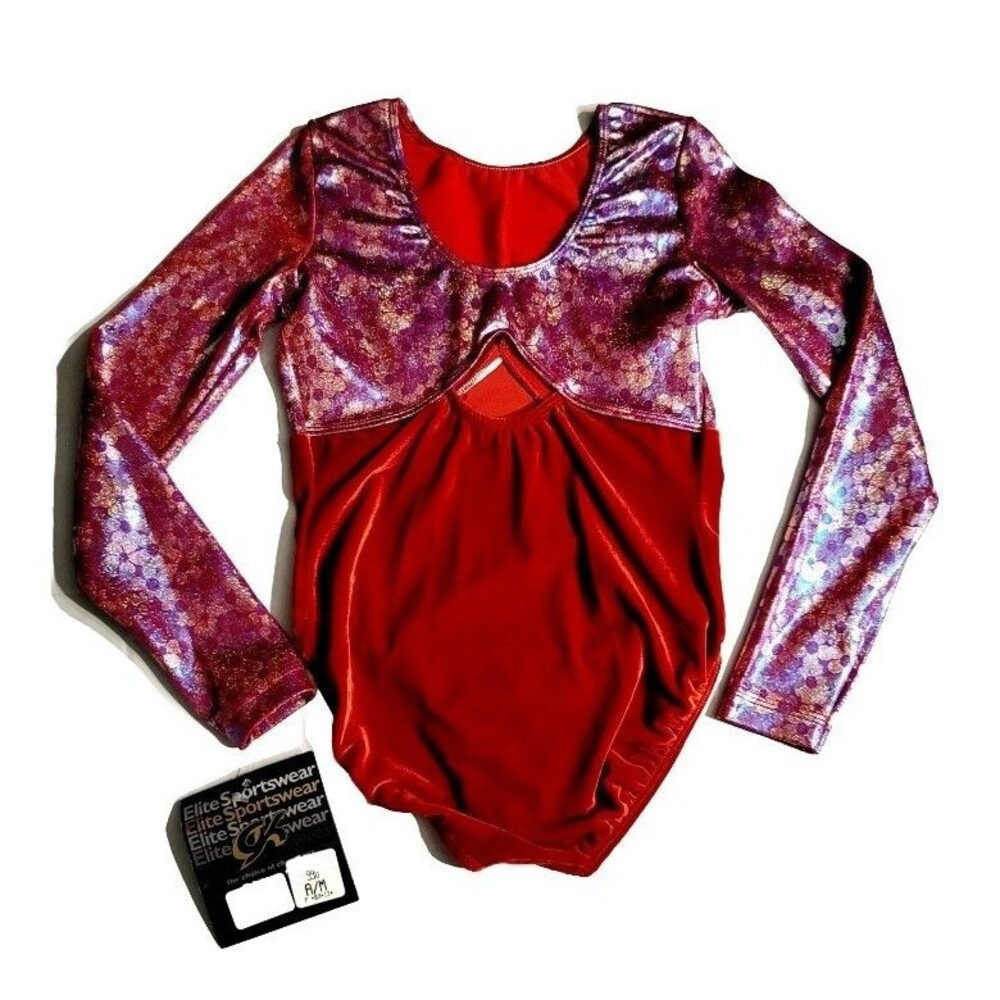 GK Elite VTG Red Velvet Floral Holographic LS Keyhole Leotard Size AM Adult M - Picture 12 of 16